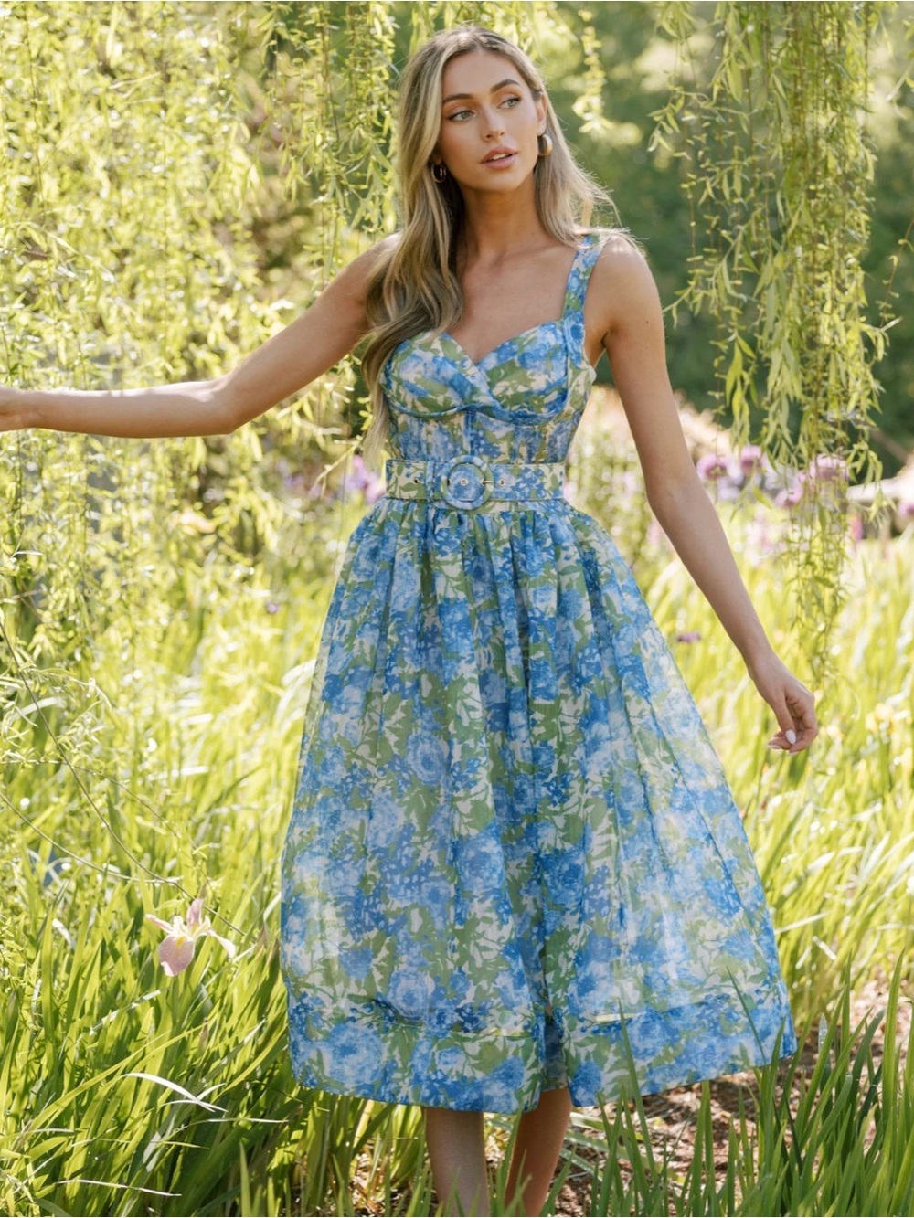 Blue & Green Floral Belted Midi Dress